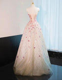 Pink Beaded Flowers A-Line Strapless Long Prom Dress Gorgeous Formal Evening Dress HZ1024