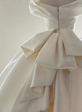 Off Shoulder Satin Light Champagne Long Prom Dress, Light Champagne Formal Dress HZ1024