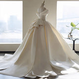 Off Shoulder Satin Light Champagne Long Prom Dress, Light Champagne Formal Dress HZ1024