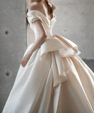 Off Shoulder Satin Light Champagne Long Prom Dress, Light Champagne Formal Dress HZ1024