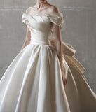 Off Shoulder Satin Light Champagne Long Prom Dress, Light Champagne Formal Dress HZ1024