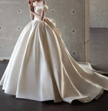 Off Shoulder Satin Light Champagne Long Prom Dress, Light Champagne Formal Dress HZ1024