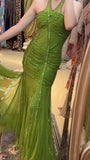 Green Halter Mermaid Chiffon Beaded Sequin Prom Dress Elegant Formal Evening Dress HZ1024