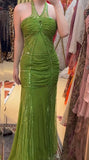 Green Halter Mermaid Chiffon Beaded Sequin Prom Dress Elegant Formal Evening Dress HZ1024