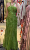 Green Halter Mermaid Chiffon Beaded Sequin Prom Dress Elegant Formal Evening Dress HZ1024