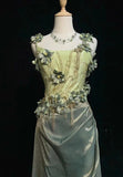 Olive Green Spaghetti Straps Sheath Beaded Prom Dress Gorgeous 3D Flowers Formal Evening Dress HZ1024