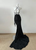 Black Sequin Mermaid Spaghetti Strap Vling Long Prom Dress Backless Formal Evening Dress HZ1024