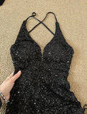 Black Sequin Mermaid Spaghetti Strap Vling Long Prom Dress Backless Formal Evening Dress HZ1024