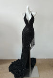 Black Sequin Mermaid Spaghetti Strap Vling Long Prom Dress Backless Formal Evening Dress HZ1024