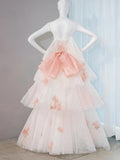 Pastel Layered A-Line Strapless Tulle Long Prom Dress Cute Applique Birthday Evening Dress HZ1024