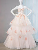 Pastel Layered A-Line Strapless Tulle Long Prom Dress Cute Applique Birthday Evening Dress HZ1024