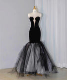 Black Velvet Mermaid Strapless Beaded Long Prom Dress Tulle Formal Evening Dress HZ1024