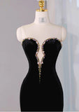 Black Velvet Mermaid Strapless Beaded Long Prom Dress Tulle Formal Evening Dress HZ1024