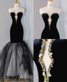 Black Velvet Mermaid Strapless Beaded Long Prom Dress Tulle Formal Evening Dress HZ1024