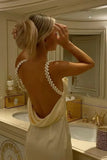 Yellow Pearl Strap Prom Dress for Birthday&Quinceanera-??Glam Satin Sexy Backless Evening Dress HZ1024