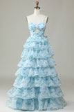 Enchanted Blue A-Line Evening Gown ¨C Sweet Floral Layered Prom Dress for Special Occasion HZ1024
