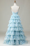 Enchanted Blue A-Line Evening Gown ¨C Sweet Floral Layered Prom Dress for Special Occasion HZ1024