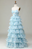 Enchanted Blue A-Line Evening Gown ¨C Sweet Floral Layered Prom Dress for Special Occasion HZ1024