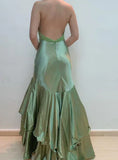 Green V-Neck Beaded Satin Mermaid Backless Evening Gown HZ1024