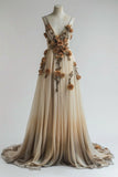 Champagne V-neck Chiffon A-Line Prom Dress Three-dimensional Rose Simple Wedding Dress HZ1024