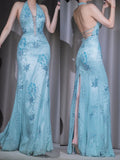 Blue V-neck Chiffon Mermaid Gown - Glitter Beading & Sequined Backless Evening Dress HZ1024