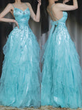 1950s Inspired Baby Princess Blue Prom Dress - Shimmering Sequins Tulle & Satin Ballgown for Formal Events HZ1024