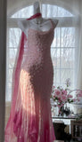 Cinderella Pink A-Line Evening Gown - Iridescent Beaded Tulle with Soft Chiffon Layers for Sweet 16 HZ1024