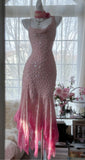 Cinderella Pink A-Line Evening Gown - Iridescent Beaded Tulle with Soft Chiffon Layers for Sweet 16 HZ1024