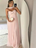 A Line Pink Long Prom Dress Pleated Formal Party HZ1024