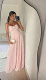 A Line Pink Long Prom Dress Pleated Formal Party HZ1024