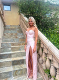 Sweetheart Straps Sheath Satin Long Prom Dress Simple Evening Party Dress Formal Dress With Slit HZ1024