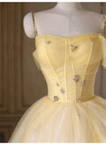 Yellow Princess Tulle Prom Dress ??A-Line Shinny Beaded Evening Gown for Graduation & Quinceanera & Birthday HZ1024