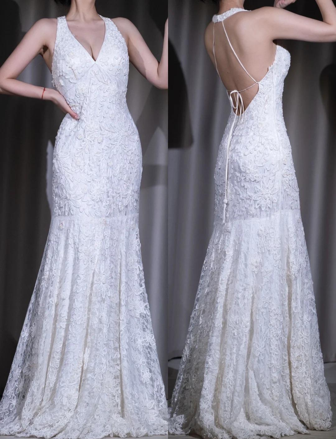 V-neck Lace Mermaid Applique Prom Dress for Party White Elegant Backless Evening Dress HZ1024