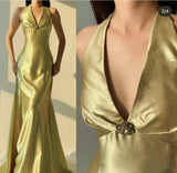 Yellow Mermaid Satin Prom Dress for Party&Quinceanera Backless Halter Evening Gown HZ1024