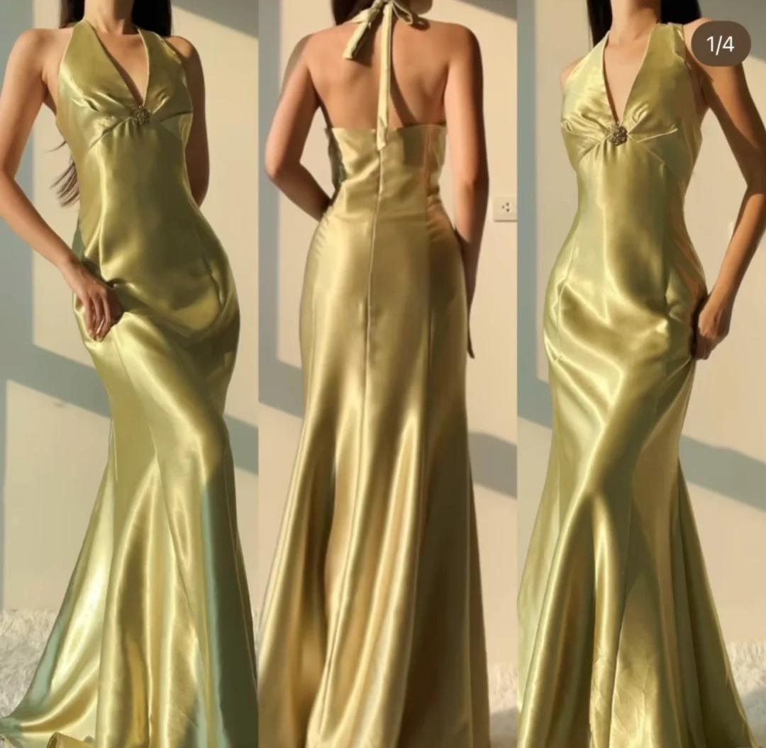 Yellow Mermaid Satin Prom Dress for Party&Quinceanera Backless Halter Evening Gown HZ1024