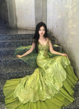 Bud Green Mermaid Sequins Beaded Prom Dress Backless Tulle Evening Gown HZ1024