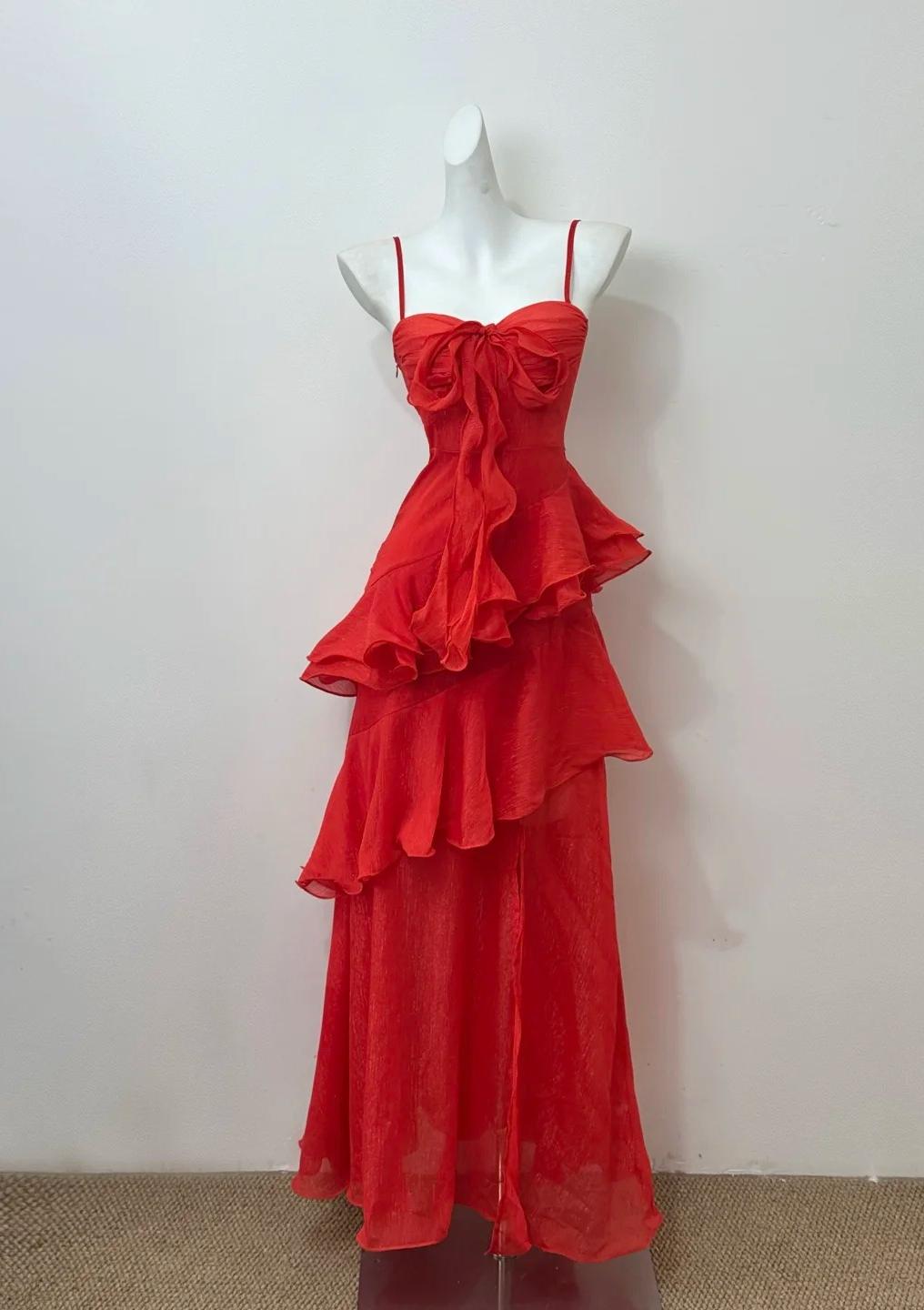 Red A-line Spaghetti Straps Layed Chiffon Prom Dress for Birthday Sweet Evening Gown HZ1024