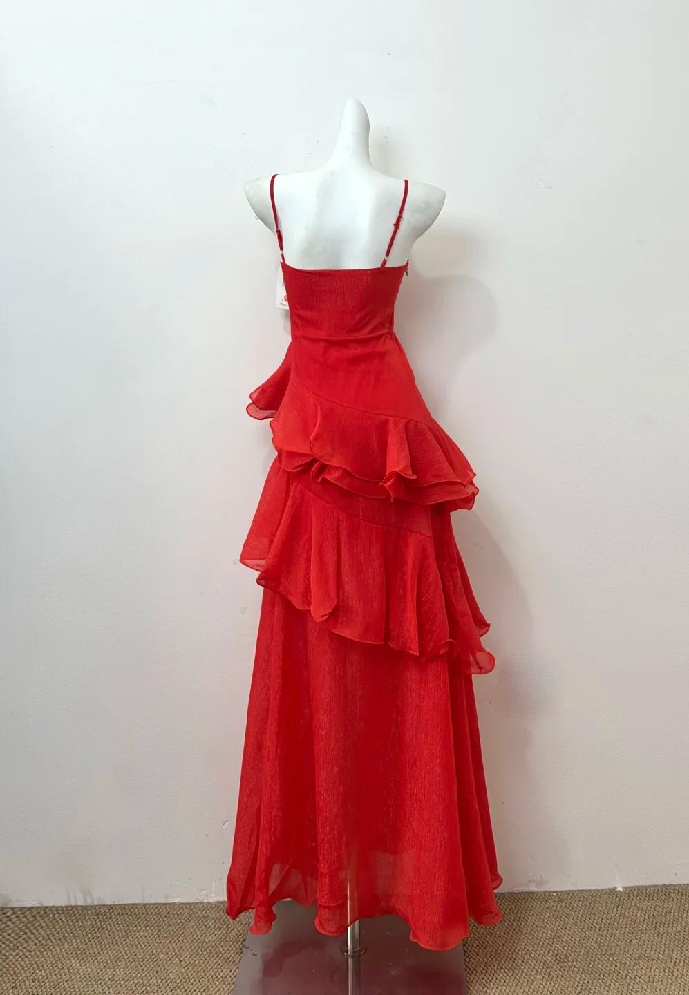Red A-line Spaghetti Straps Layed Chiffon Prom Dress for Birthday Sweet Evening Gown HZ1024