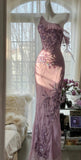 Light Purple One Shoulder Bodycon Beading Chiffon Prom Dress Vintage Glitter Evening Gown HZ1024