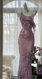 Light Purple One Shoulder Bodycon Beading Chiffon Prom Dress Vintage Glitter Evening Gown HZ1024