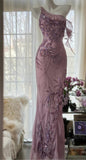Light Purple One Shoulder Bodycon Beading Chiffon Prom Dress Vintage Glitter Evening Gown HZ1024