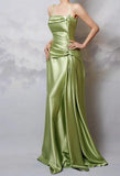 Y2k Green Sheath Spaghetti Strap Satin Prom Dress Elegant Evening Gown for Birthday HZ1024