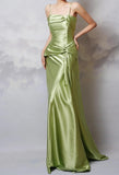 Y2k Green Sheath Spaghetti Strap Satin Prom Dress Elegant Evening Gown for Birthday HZ1024