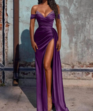 Beaded Mermaid Satin Off Shoulder Long Prom Dress Evening Gown with Slit HZ1024