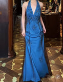 V-neck Blue Beaded Satin Sheath Elegant Backless Chiffon Spaghetti Strap Long Evening Gown HZ1024