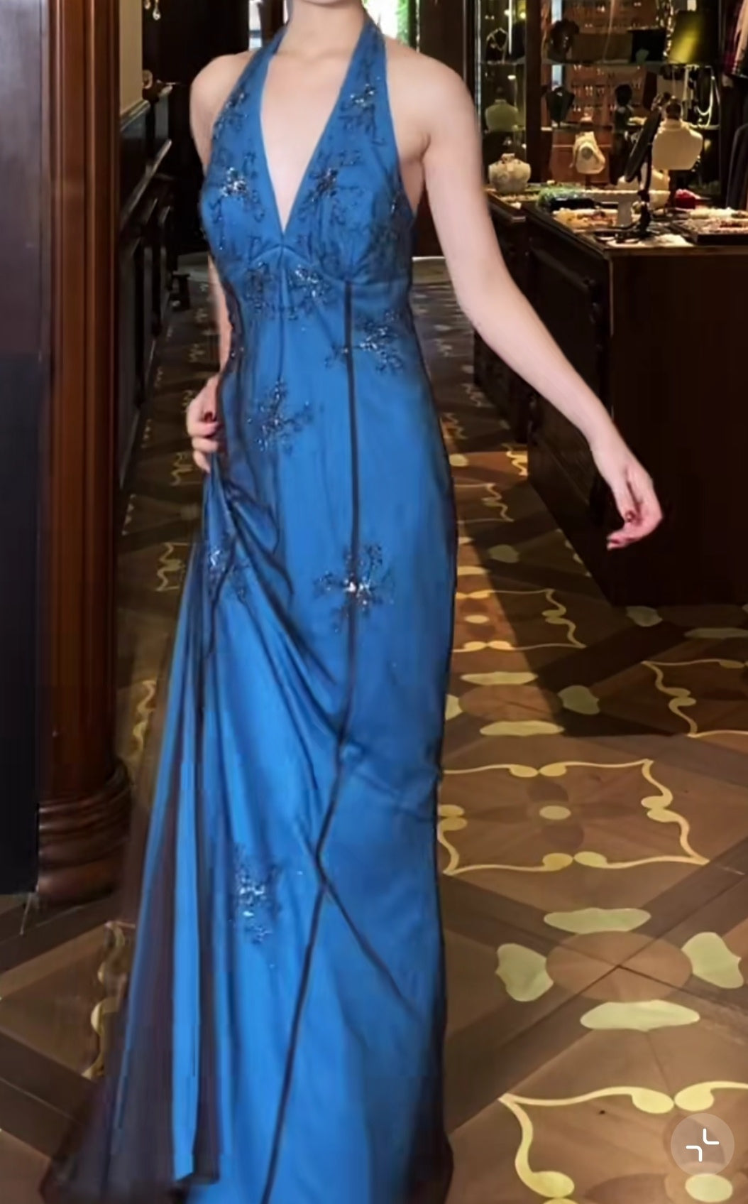 V-neck Blue Beaded Satin Sheath Elegant Backless Chiffon Spaghetti Strap Long Evening Gown HZ1024