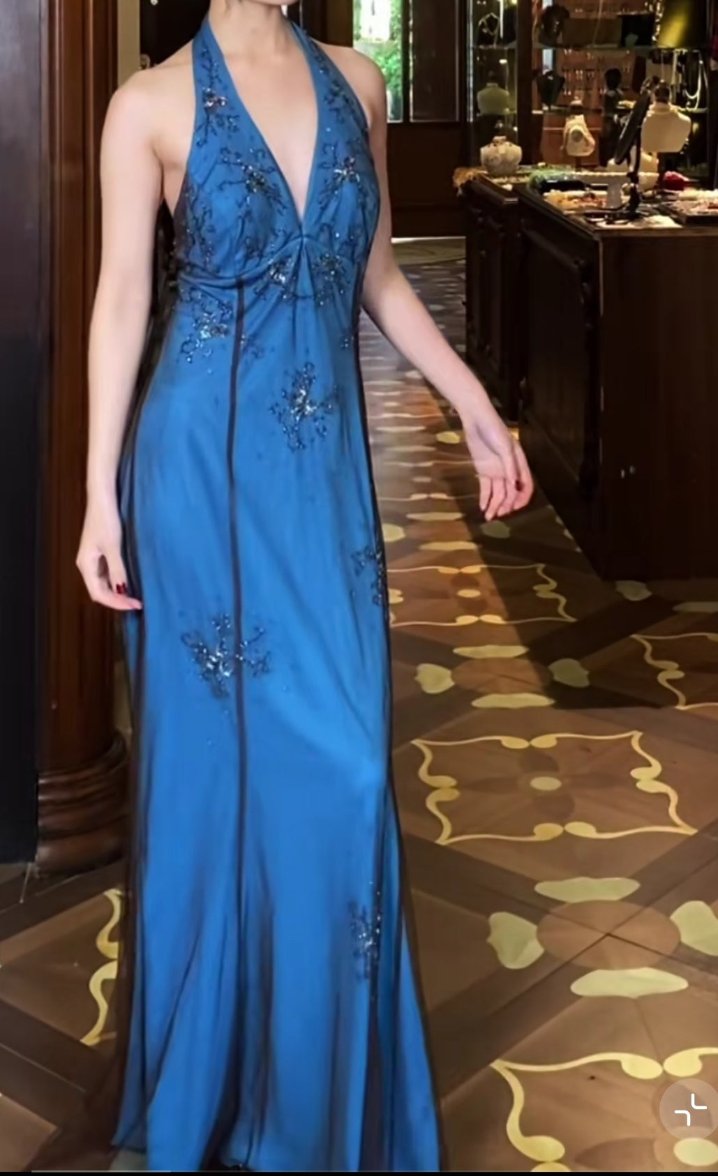 V-neck Blue Beaded Satin Sheath Elegant Backless Chiffon Spaghetti Strap Long Evening Gown HZ1024
