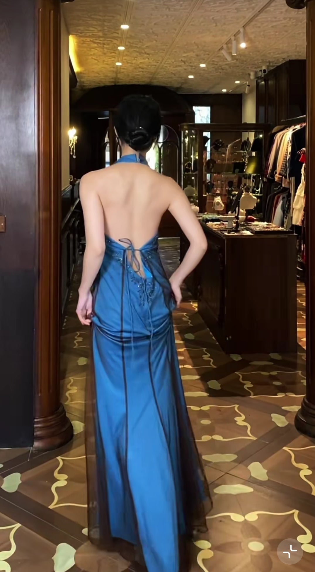 V-neck Blue Beaded Satin Sheath Elegant Backless Chiffon Spaghetti Strap Long Evening Gown HZ1024