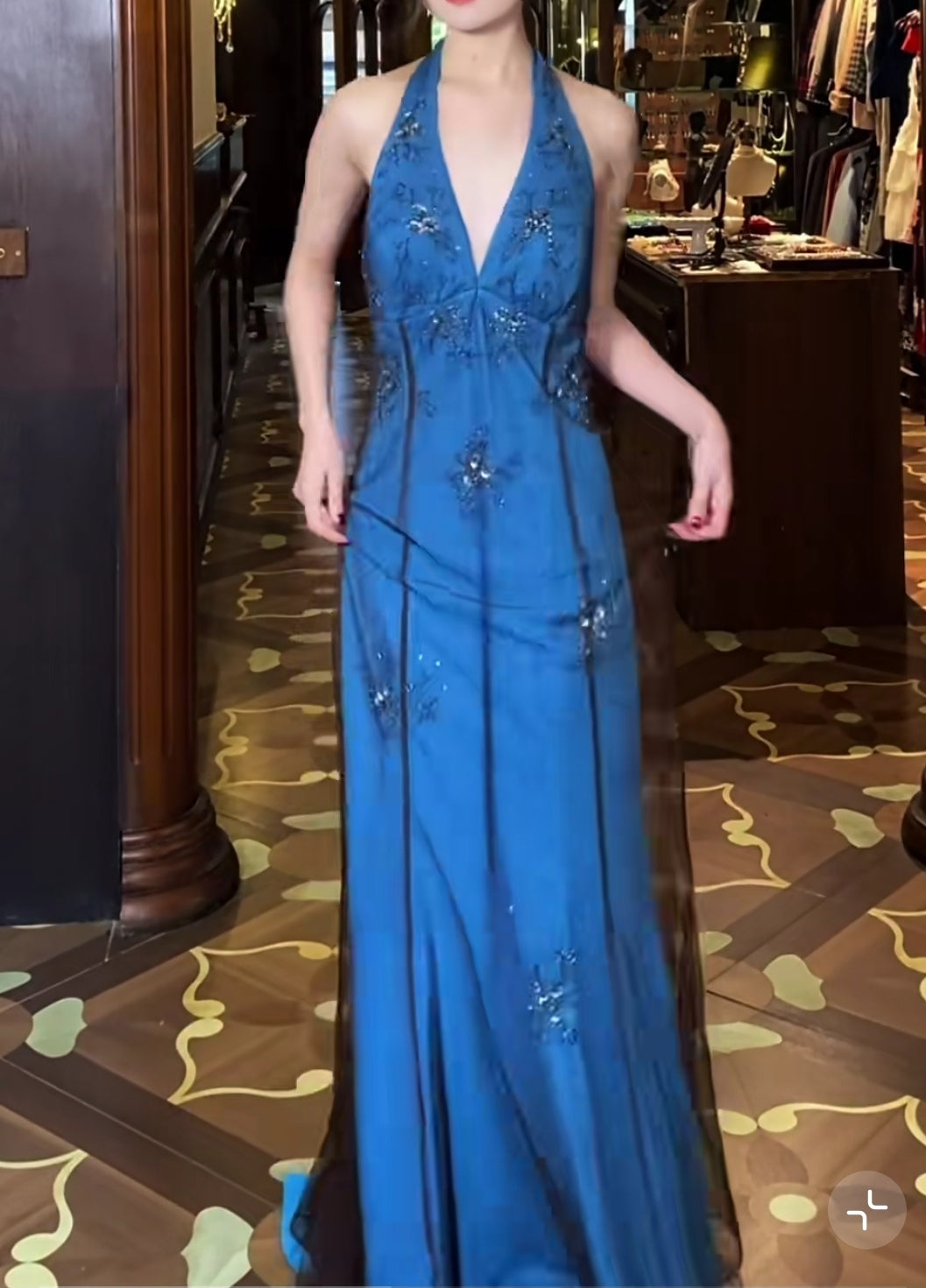 V-neck Blue Beaded Satin Sheath Elegant Backless Chiffon Spaghetti Strap Long Evening Gown HZ1024