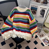 Stripe Fringe Loose Crewneck Sweater HZ1024